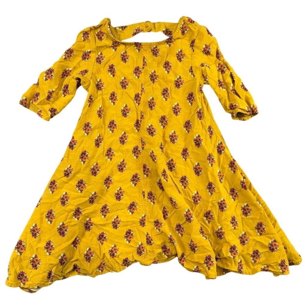 Old Navy Girls Mustard Yellow Floral Medallion Flare Dress 5T 3/4 Sleeve Keyhole